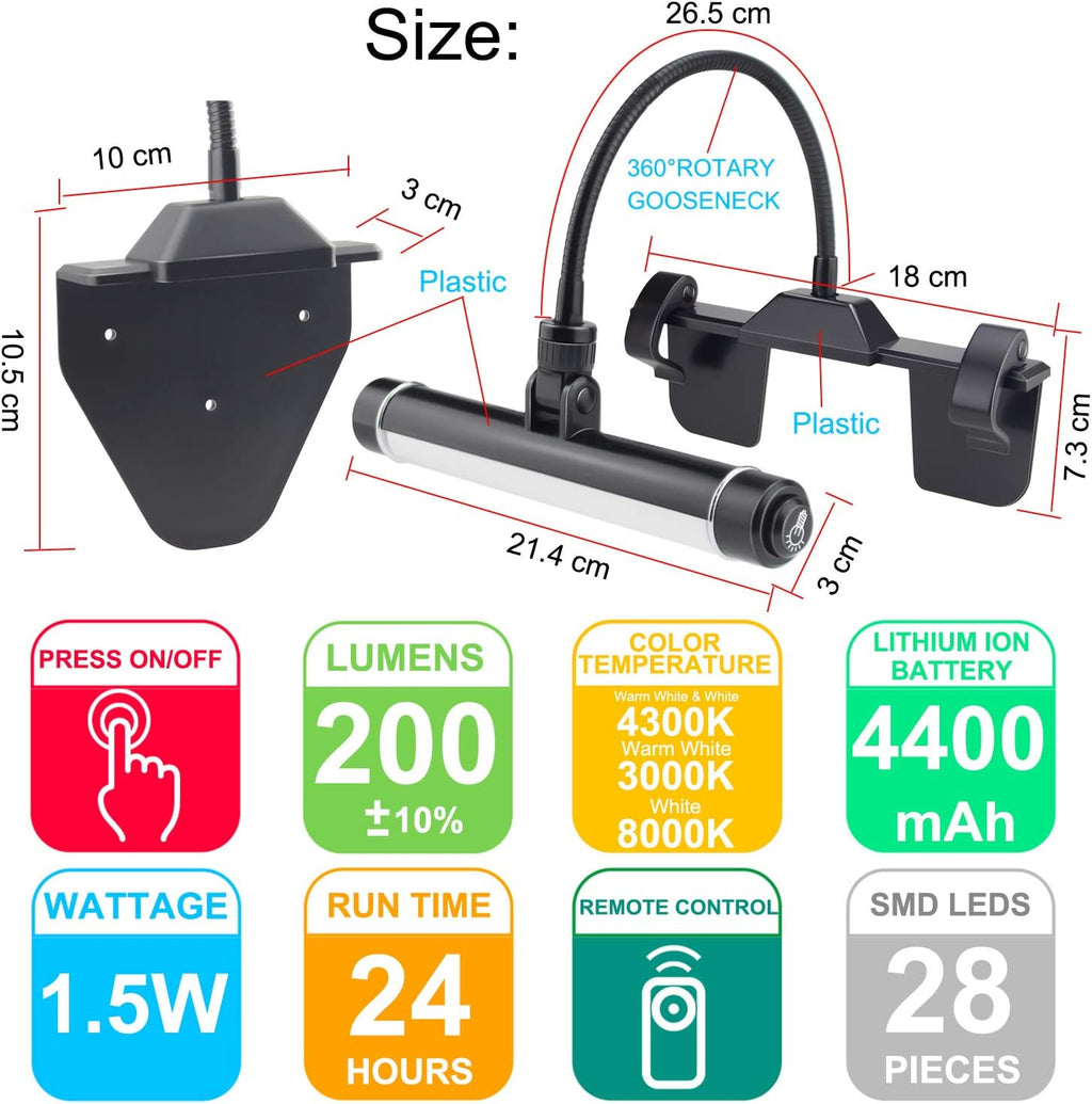 HONWELL Painting Lights Cordless, Dartboard Light with Remote, Rechargeable Picture Light, Picture Frame Light with 3 Modes 28 LEDs Rotate Head, 360° Flexible Neck, Clip on Display Light for Art-Black - Grand Goldman