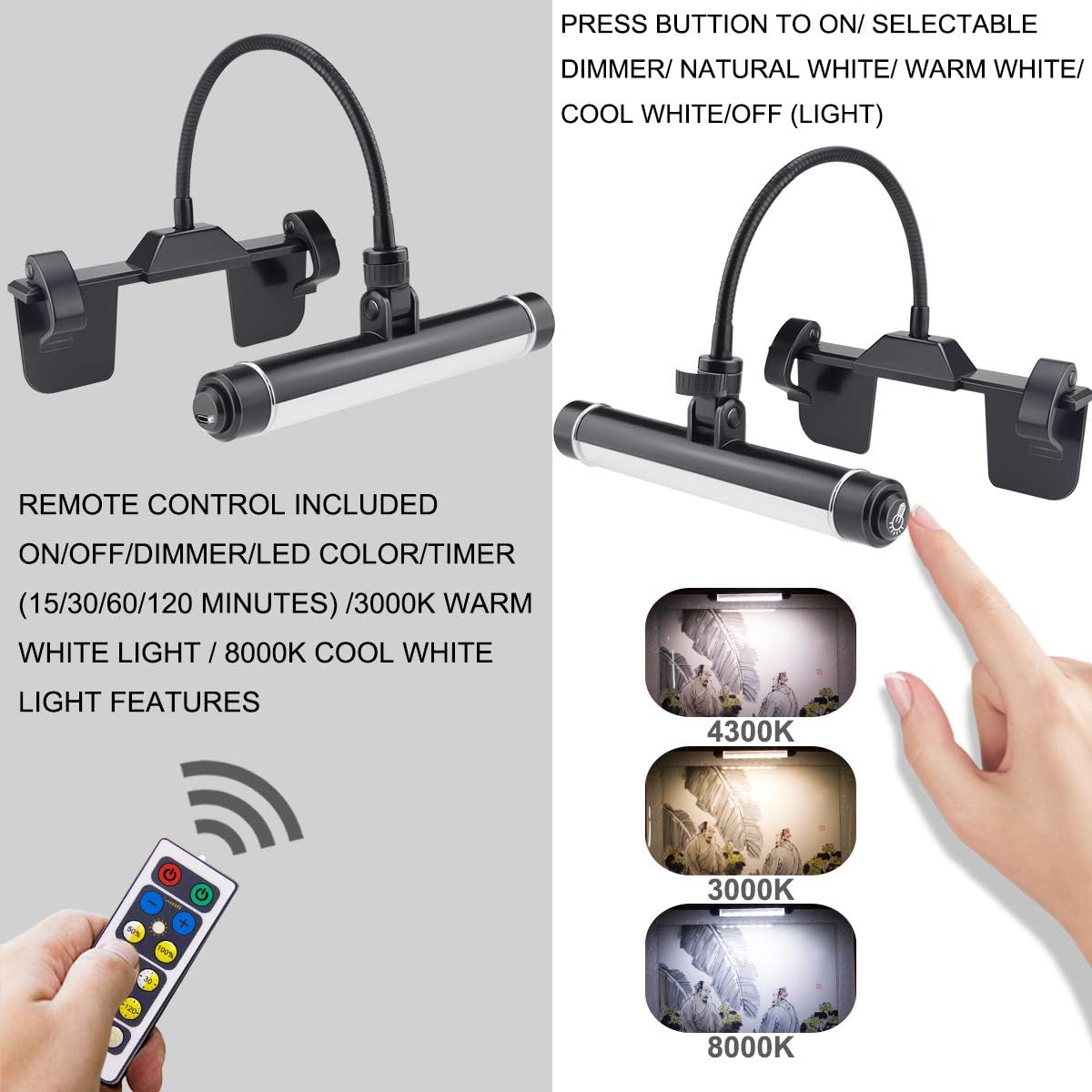 HONWELL Painting Lights Cordless, Dartboard Light with Remote, Rechargeable Picture Light, Picture Frame Light with 3 Modes 28 LEDs Rotate Head, 360° Flexible Neck, Clip on Display Light for Art-Black - Grand Goldman