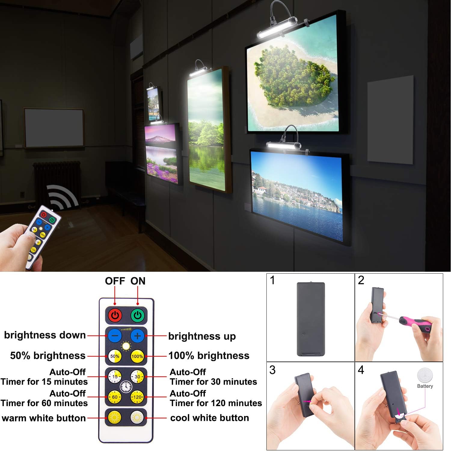 HONWELL Painting Lights Cordless, Dartboard Light with Remote, Rechargeable Picture Light, Picture Frame Light with 3 Modes 28 LEDs Rotate Head, 360° Flexible Neck, Clip on Display Light for Art-Black - Grand Goldman