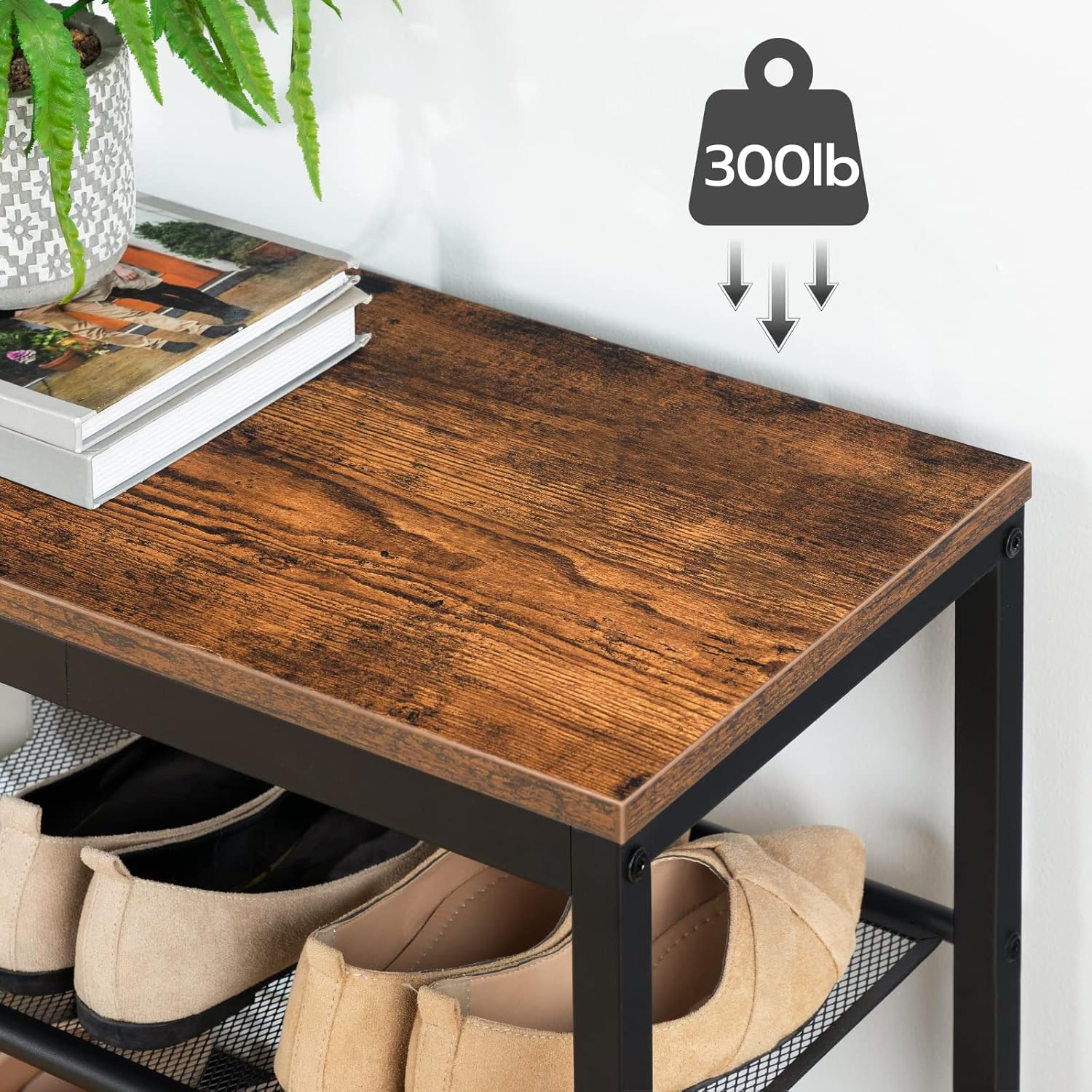 HOOBRO Shoe Bench, 3-Tier Shoe Rack, Industrial Shoe Organizer Storage Bench, 29.5 inches Entry Bench with Mesh Shelves, for Entryway, Living Room, Hallway, Easy Assembly, Rustic Brown BF75HX01 - Grand Goldman