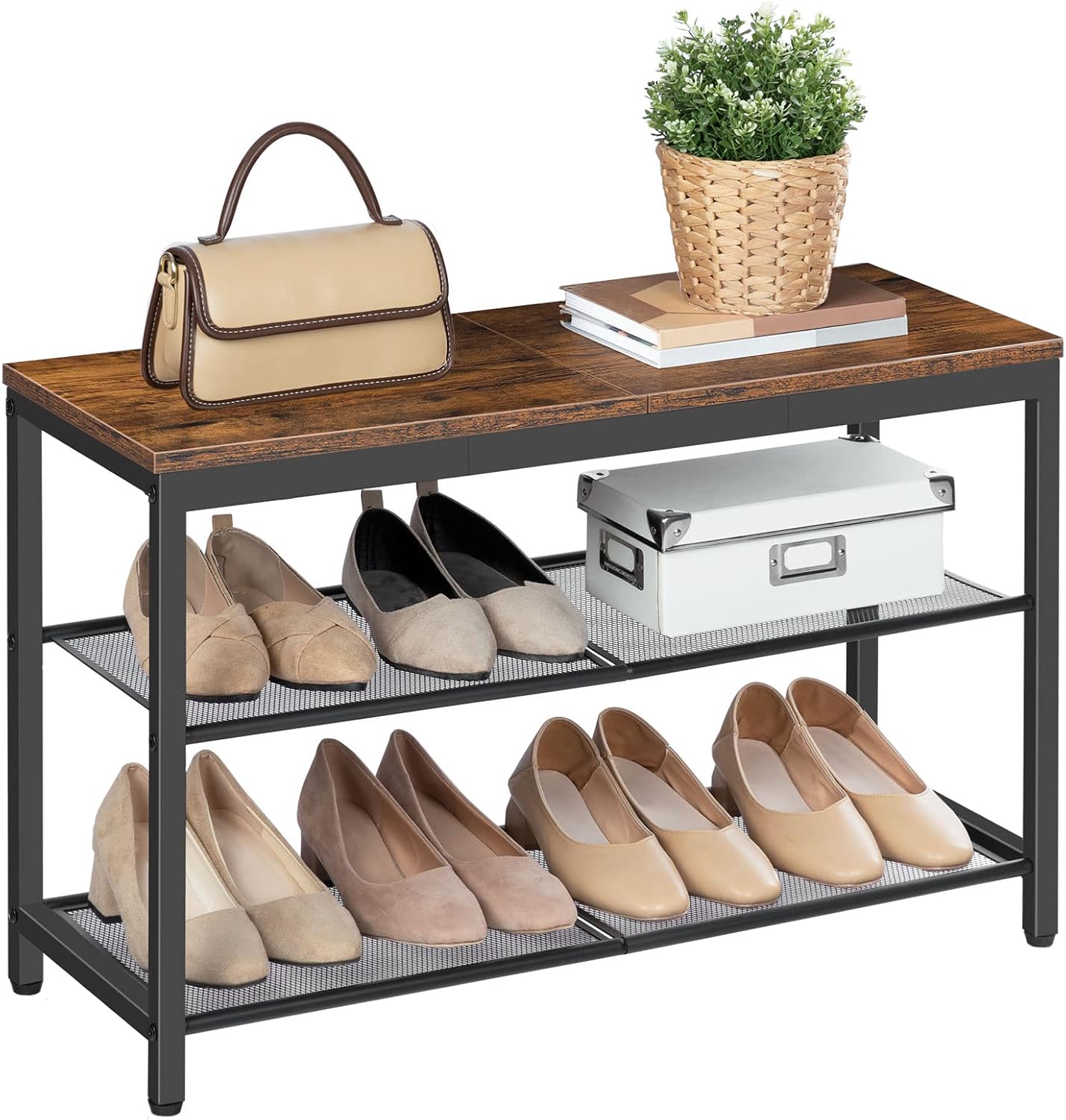 HOOBRO Shoe Bench, 3-Tier Shoe Rack, Industrial Shoe Organizer Storage Bench, 29.5 inches Entry Bench with Mesh Shelves, for Entryway, Living Room, Hallway, Easy Assembly, Rustic Brown BF75HX01 - Grand Goldman