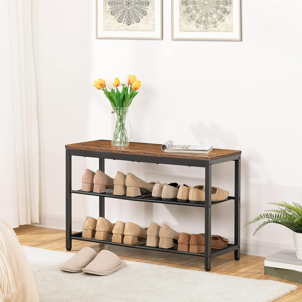 HOOBRO Shoe Bench, 3-Tier Shoe Rack, Industrial Shoe Organizer Storage Bench, 29.5 inches Entry Bench with Mesh Shelves, for Entryway, Living Room, Hallway, Easy Assembly, Rustic Brown BF75HX01 - Grand Goldman