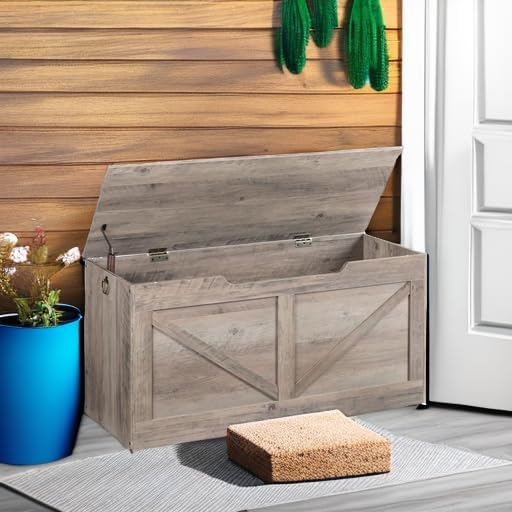 HOOBRO Storage Bench, 39.4” Retro Wooden Storage Chest with U-Shaped Cut-Out Pull, Safety Hinge, Supports 220 lb and Easy Assembly for Toy Box Organizer (Greige) BG771CW01 - Grand Goldman