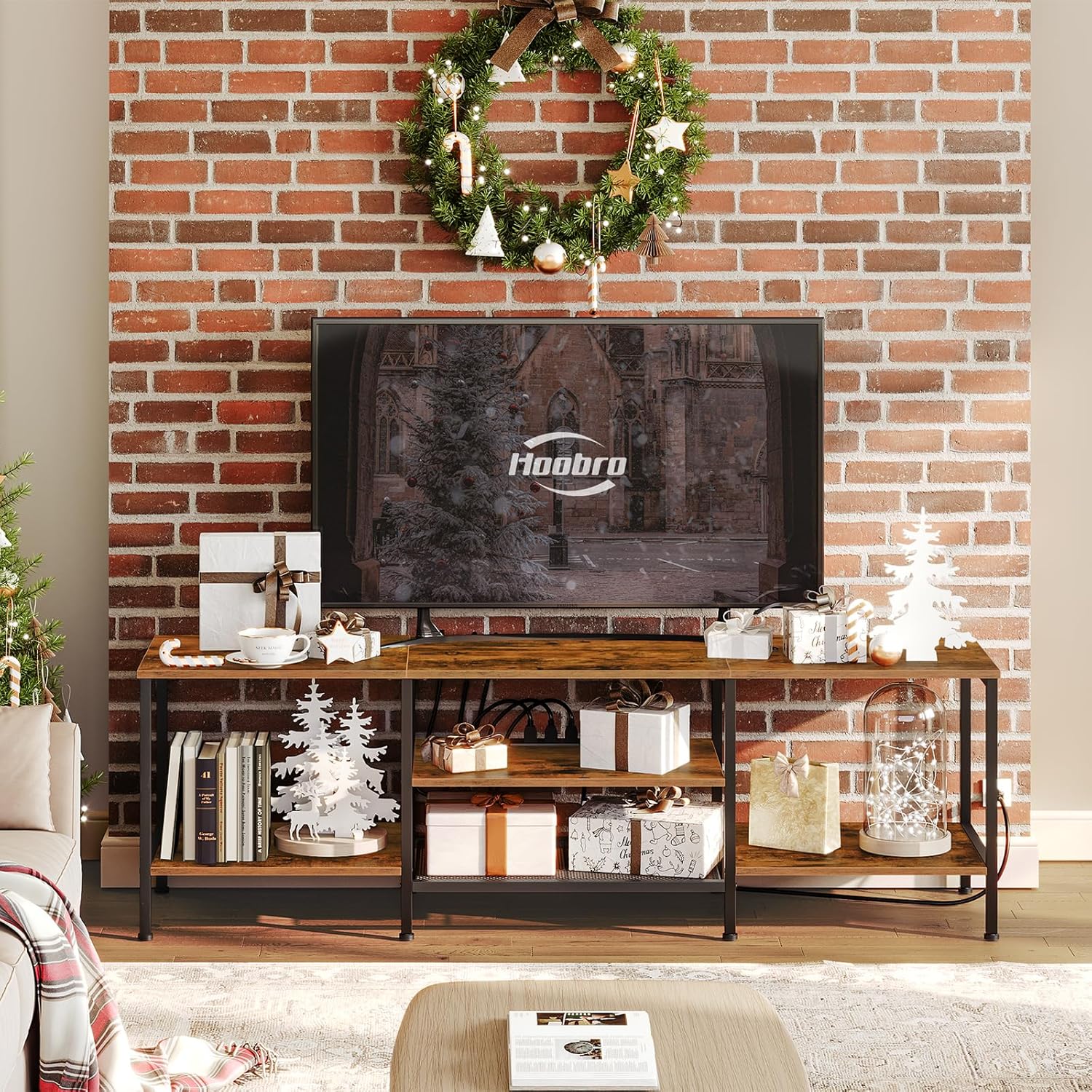 HOOBRO TV Stand with Power Outlets to 75 Inches, TV Console Table with Open Storage Shelves Cabinet, Industrial Media Entertainment Center for Living Room Bedroom, Rustic Brown and Black BF80DS01 - Grand Goldman