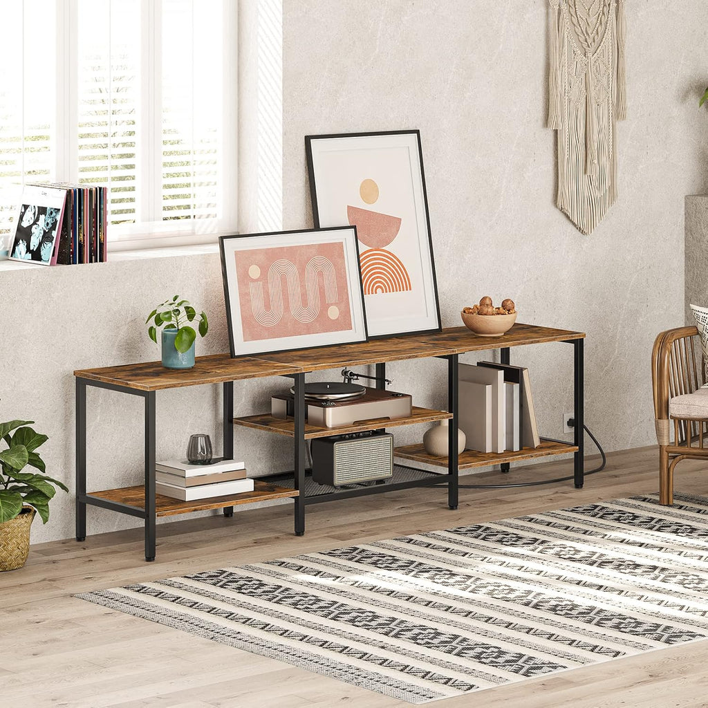 HOOBRO TV Stand with Power Outlets to 75 Inches, TV Console Table with Open Storage Shelves Cabinet, Industrial Media Entertainment Center for Living Room Bedroom, Rustic Brown and Black BF80DS01 - Grand Goldman