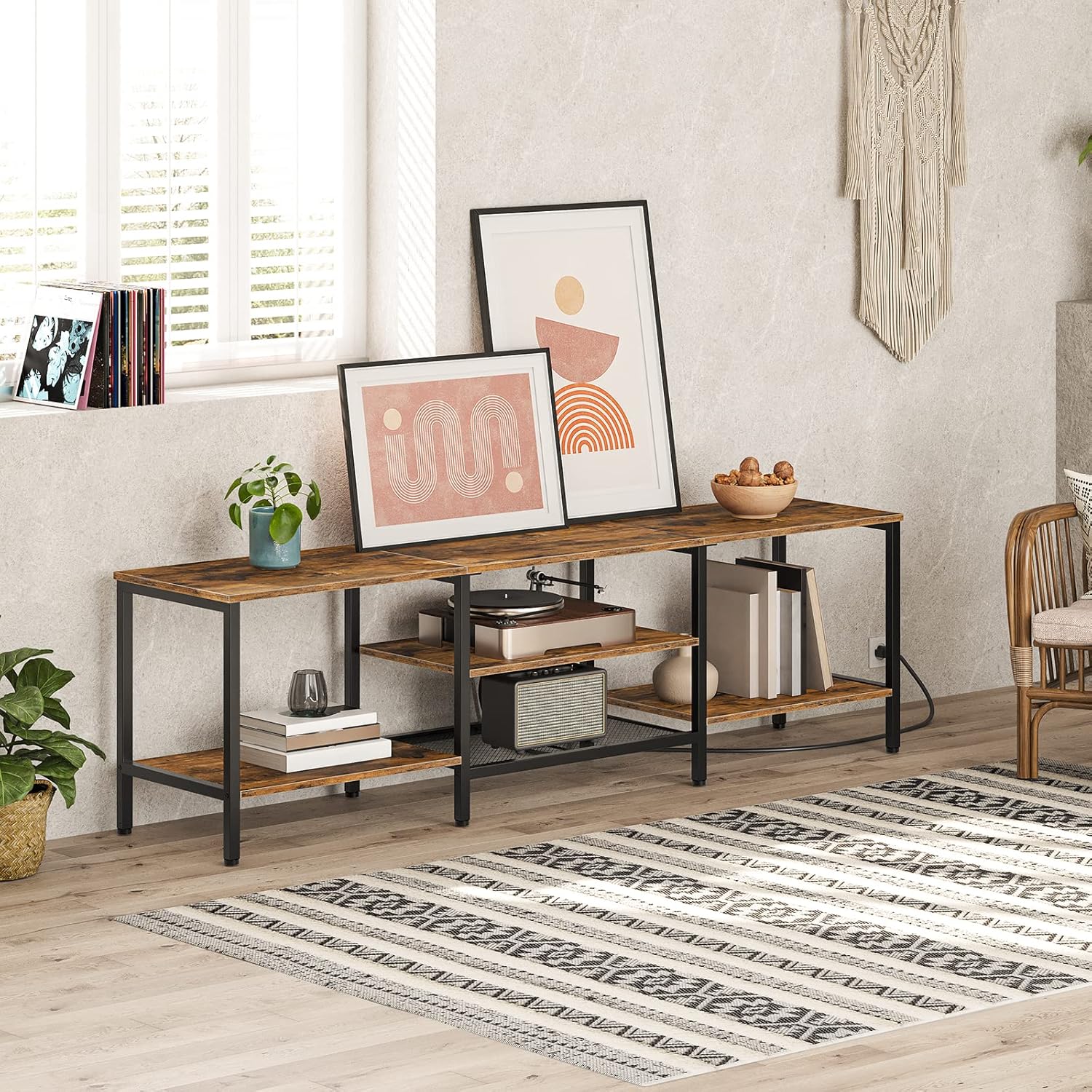 HOOBRO TV Stand with Power Outlets to 75 Inches, TV Console Table with Open Storage Shelves Cabinet, Industrial Media Entertainment Center for Living Room Bedroom, Rustic Brown and Black BF80DS01 - Grand Goldman