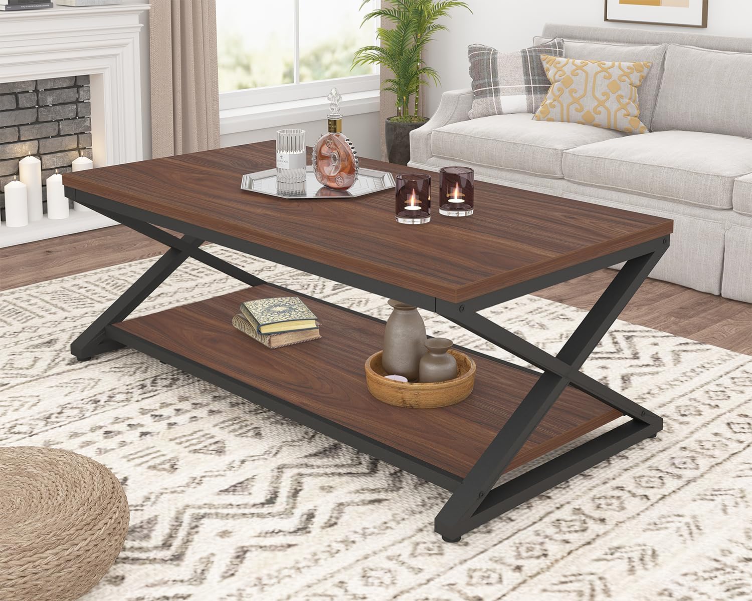 HSH Wood Coffee Table with Storage, Farmhouse Rustic Brown Coffee Table for Living Room, Modern Minimalist 2 Tier Center Table, Simple Rectangle Cocktail Tea Table in Home Office Bedroom, 39 Inch - Grand Goldman