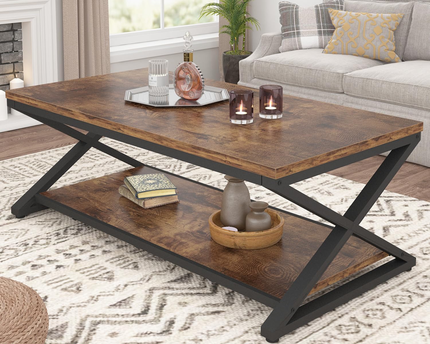 HSH Wood Coffee Table with Storage, Farmhouse Rustic Brown Coffee Table for Living Room, Modern Minimalist 2 Tier Center Table, Simple Rectangle Cocktail Tea Table in Home Office Bedroom, 39 Inch - Grand Goldman