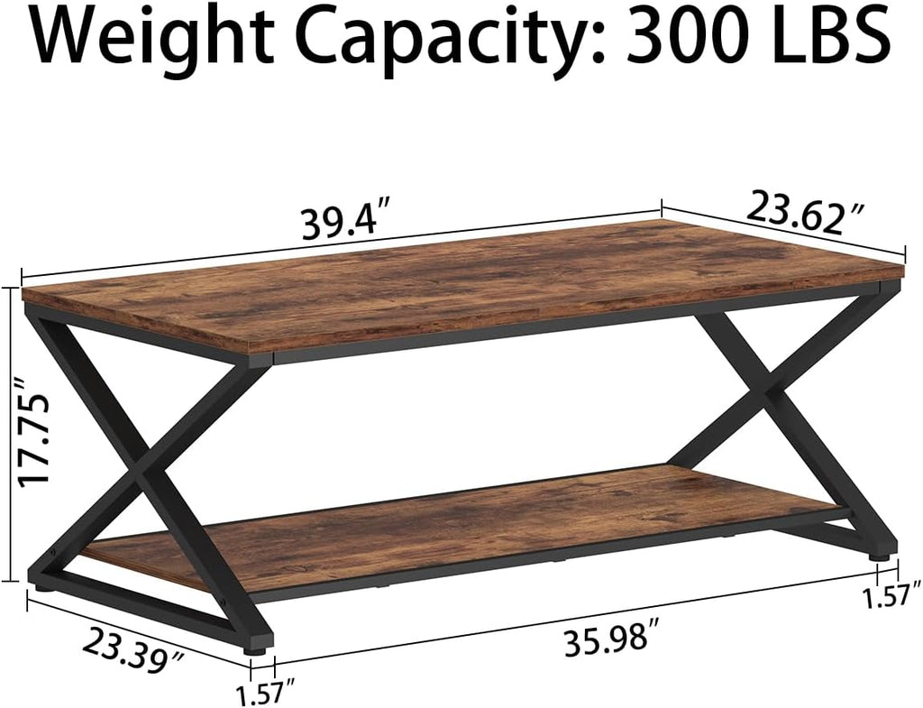 HSH Wood Coffee Table with Storage, Farmhouse Rustic Brown Coffee Table for Living Room, Modern Minimalist 2 Tier Center Table, Simple Rectangle Cocktail Tea Table in Home Office Bedroom, 39 Inch - Grand Goldman