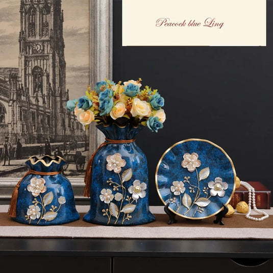 Udsøgt håndmalet 3-delt keramisk vasesæt vintage japansk stil boligindretning 3D Ampora tallerken Urnepakke Tørrede blomsterarrangement Traditionelt kinesisk og europæisk design