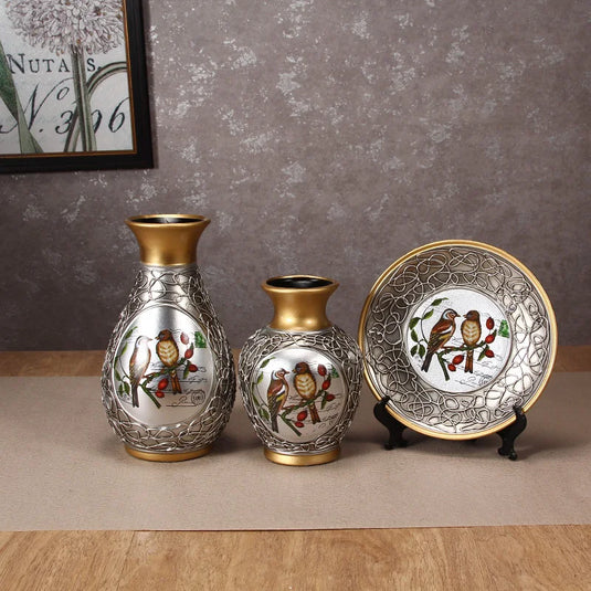 Udsøgt håndmalet 3-delt keramisk vasesæt vintage japansk stil boligindretning 3D Ampora tallerken Urnepakke Tørrede blomsterarrangement Traditionelt kinesisk og europæisk design