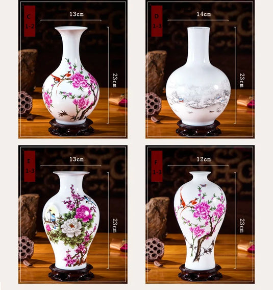 Jingdezhen Ceramic Vases for Home Decor - Traditional Chinese Style Flower Pot Arrangement Tabletop Hand Painted White Pottery Amphora Sakura Decoration