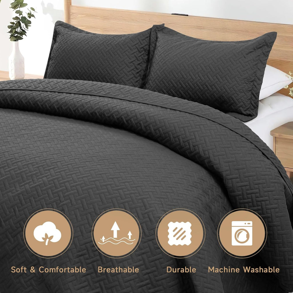 HYLEORY Quilt Set Full/Queen Size - Soft Lightweight Quilts Summer Quilted Bedspreads - Reversible Coverlet Bedding Set for All Season 3 Piece (1 Quilt, 2 Pillow Shams) - Dark Grey - Grand Goldman