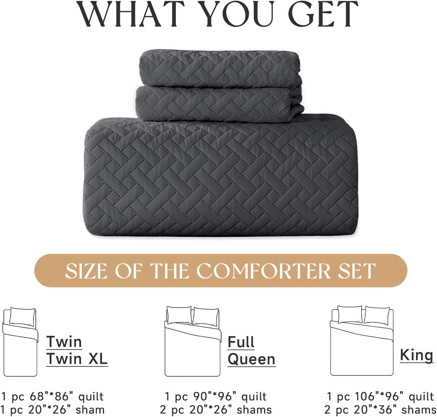 HYLEORY Quilt Set Full/Queen Size - Soft Lightweight Quilts Summer Quilted Bedspreads - Reversible Coverlet Bedding Set for All Season 3 Piece (1 Quilt, 2 Pillow Shams) - Dark Grey - Grand Goldman