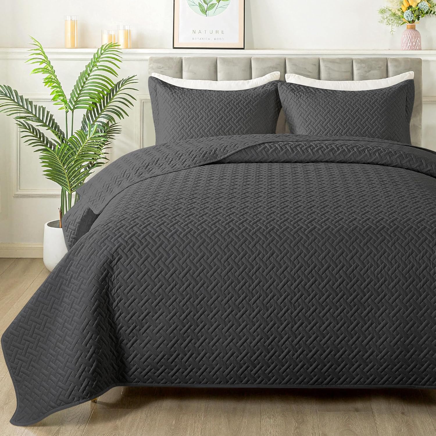 HYLEORY Quilt Set Full/Queen Size - Soft Lightweight Quilts Summer Quilted Bedspreads - Reversible Coverlet Bedding Set for All Season 3 Piece (1 Quilt, 2 Pillow Shams) - Dark Grey - Grand Goldman