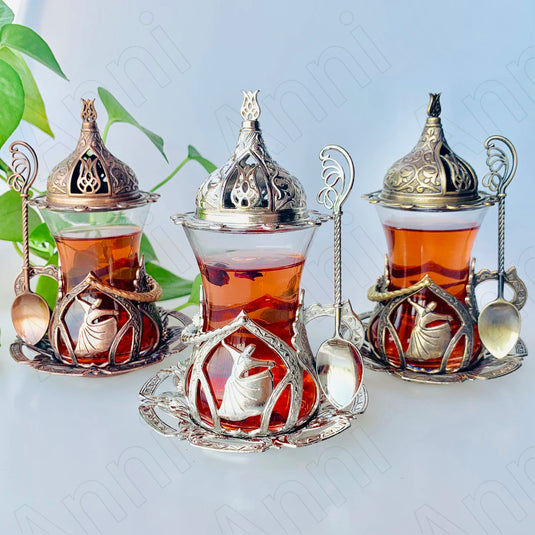 Tulip Hollow Metal Glass Turkish Coffee Cups Classical Court Coffee Mug Glass Cup with Sugar Dish Spoon Set Afternoon Tea Set