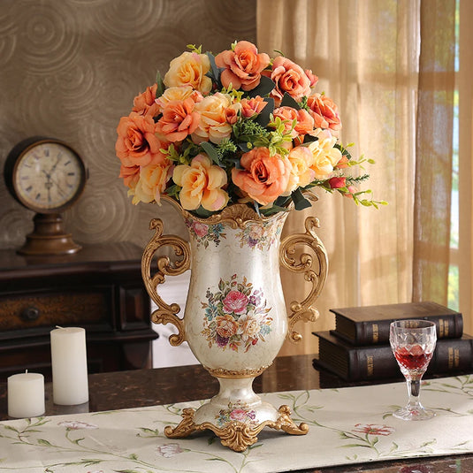 Victorian European Ceramic Vintage Vase With Hand-painted Flowers Resin Floral Sophisticated Pot for Living Room Entrance Kitchen Bedroom Ornaments Home Decoration