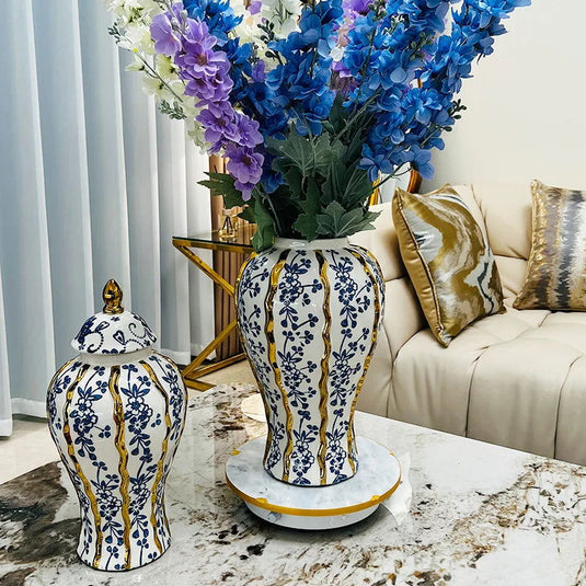 Hand Painted Blue Glazed Blue and White Ceramic General Vase Porcelain Handicrafts Storage Tank Flower Vase Ginger Jar - Grand Goldman