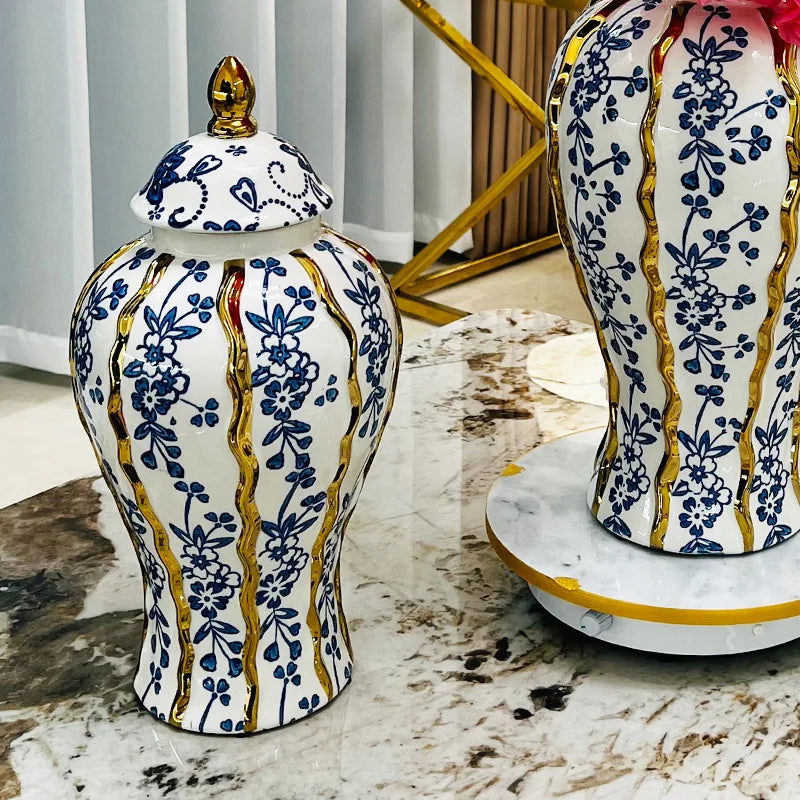 Hand Painted Blue Glazed Blue and White Ceramic General Vase Porcelain Handicrafts Storage Tank Flower Vase Ginger Jar - Grand Goldman