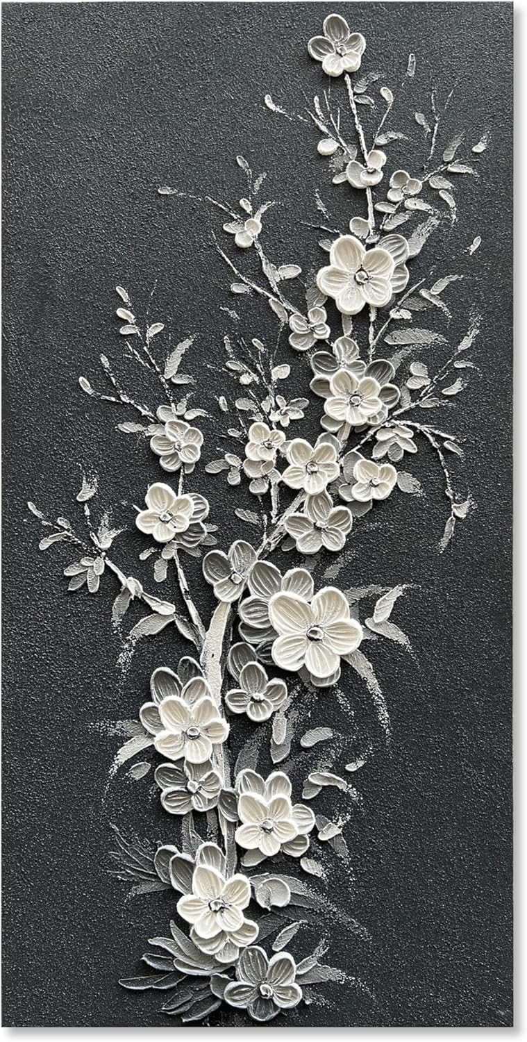 Hand Painted Modern Black and White Art Oil Painting White Plum Blossom Painting 24x48 inch Canvas Wall Art Home Wall Decorative Art - Grand Goldman