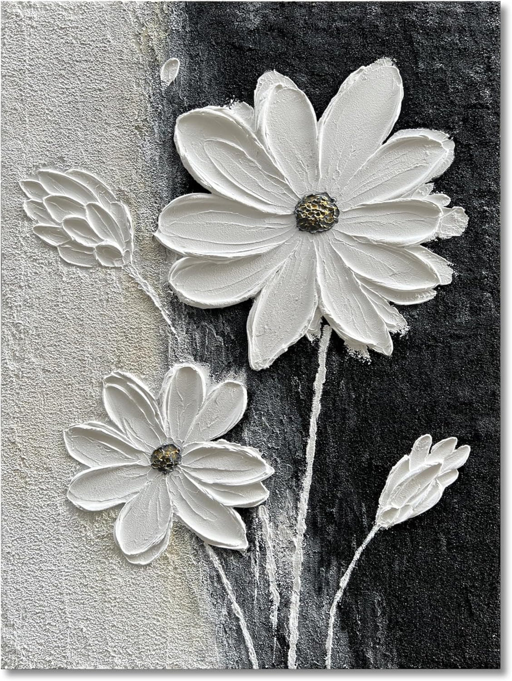 Hand Painted Modern Black and White Art Oil Painting White Plum Blossom Painting 24x48 inch Canvas Wall Art Home Wall Decorative Art - Grand Goldman