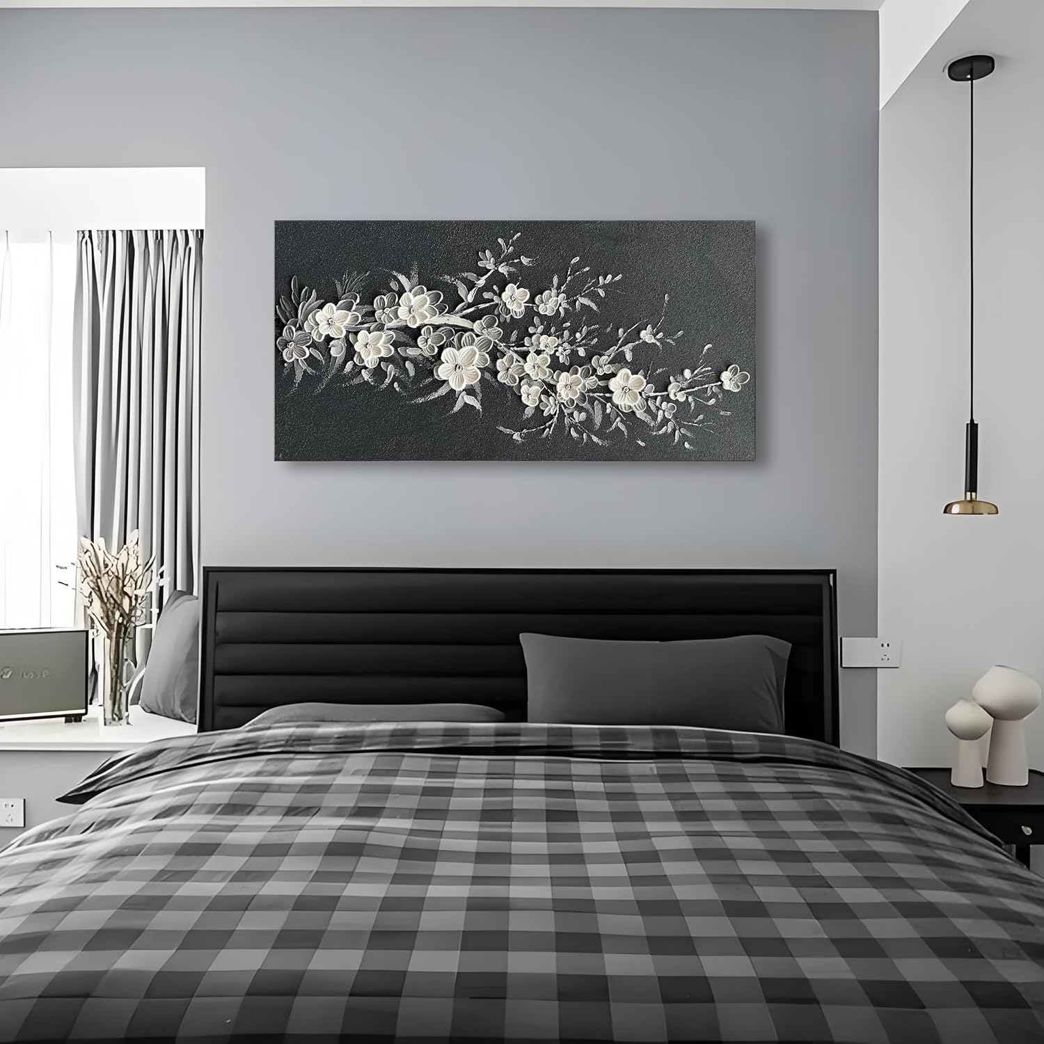 Hand Painted Modern Black and White Art Oil Painting White Plum Blossom Painting 24x48 inch Canvas Wall Art Home Wall Decorative Art - Grand Goldman