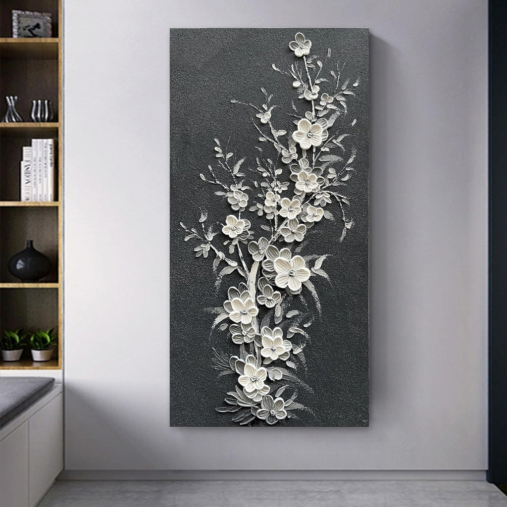 Hand Painted Modern Black and White Art Oil Painting White Plum Blossom Painting 24x48 inch Canvas Wall Art Home Wall Decorative Art - Grand Goldman