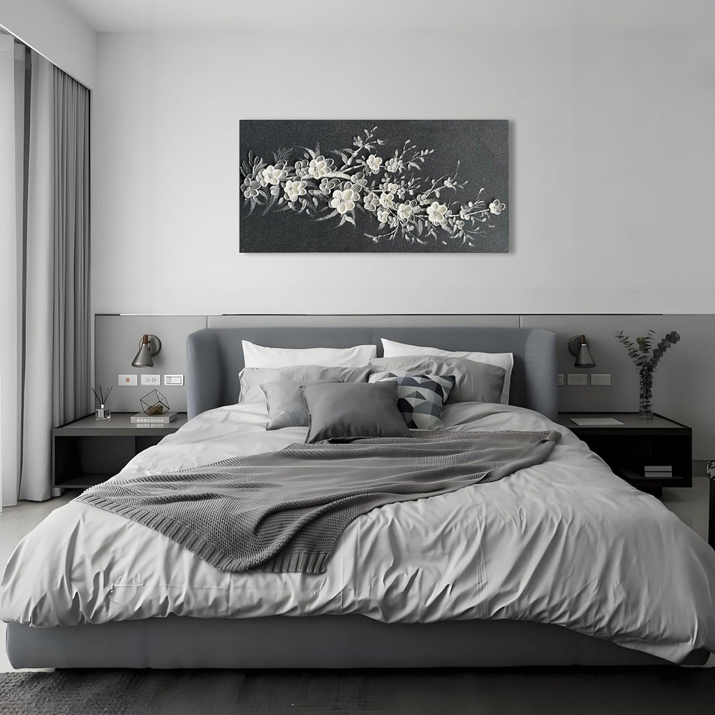 Hand Painted Modern Black and White Art Oil Painting White Plum Blossom Painting 24x48 inch Canvas Wall Art Home Wall Decorative Art - Grand Goldman