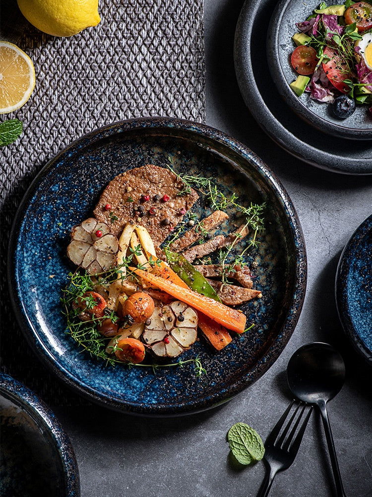 Handcrafted Deep Blue Ceramic Plate Japanese Kiln Change Series – Unique Glaze Textures Dishwasher & Microwave Safe - Grand Goldman