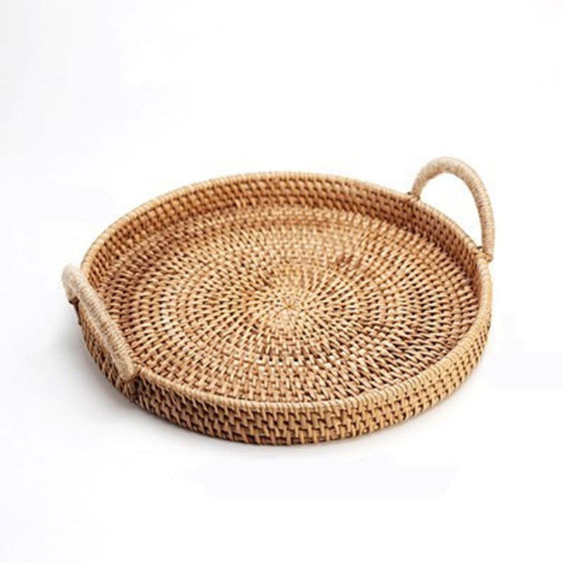 Handwoven Rattan Storage Tray With Wooden Handle Round Wicker Basket - Grand Goldman