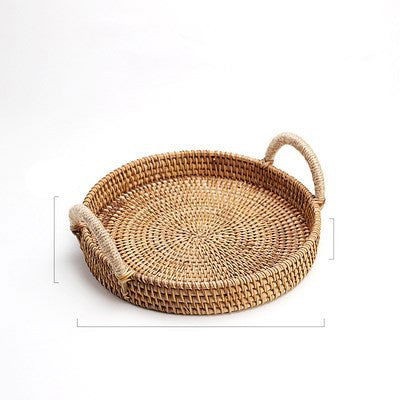 Handwoven Rattan Storage Tray With Wooden Handle Round Wicker Basket - Grand Goldman