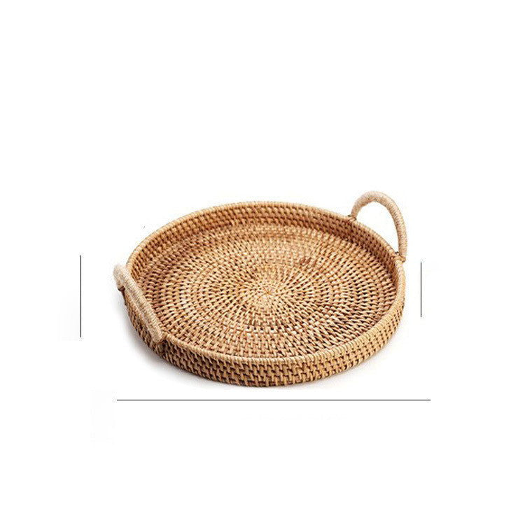 Handwoven Rattan Storage Tray With Wooden Handle Round Wicker Basket - Grand Goldman