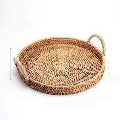 Handwoven Rattan Storage Tray With Wooden Handle Round Wicker Basket - Grand Goldman