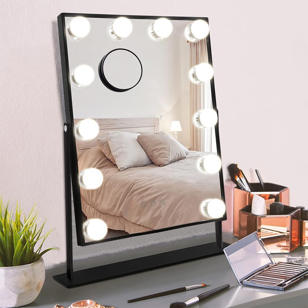Hansong Vanity Mirror with Lights Makeup Mirror with Lights 12 Dimmable Bulbs Hollywood Lighted Makeup Mirror Detachable 10x Magnification 3 Color Lighting Modes - Grand Goldman
