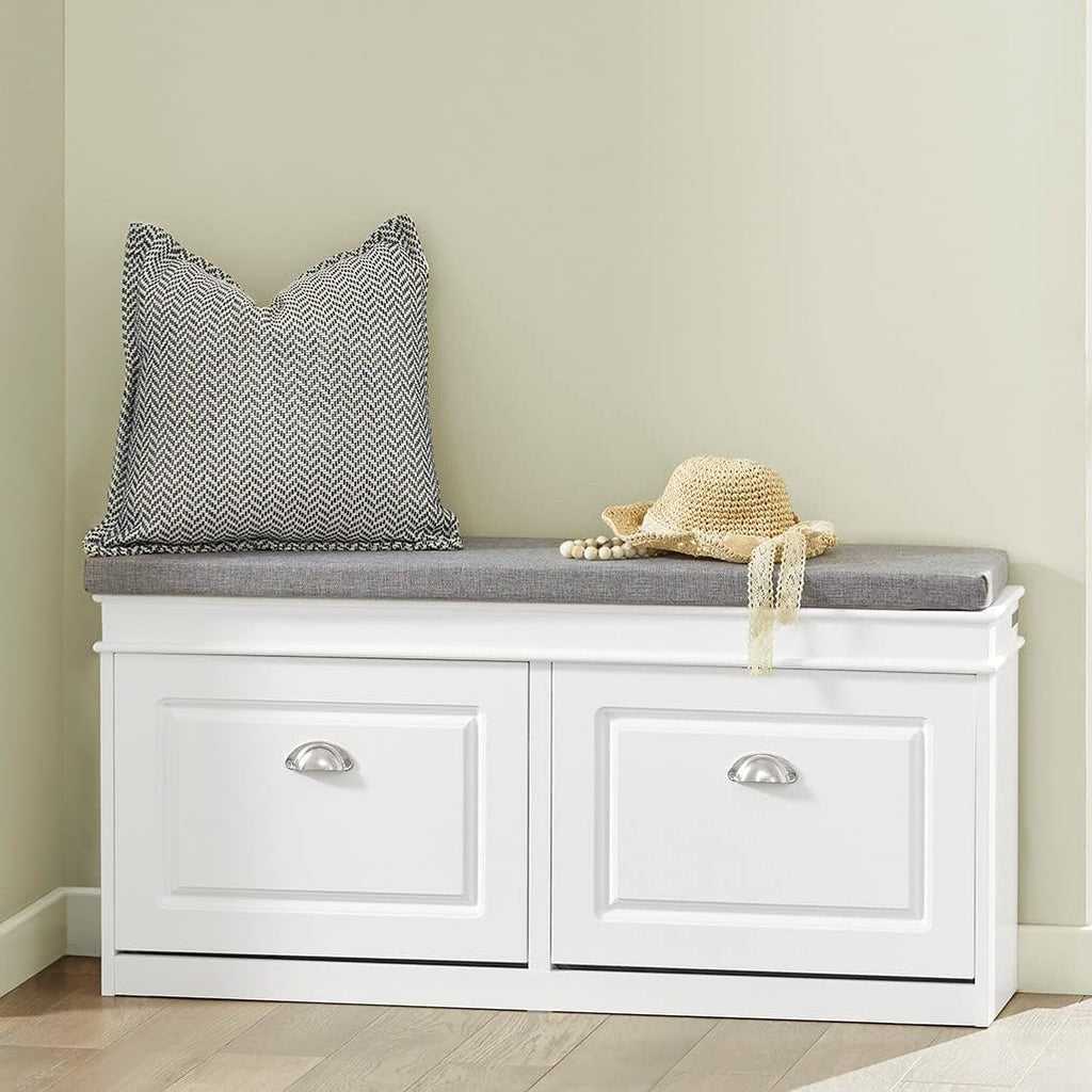 Haotian FSR64-W, White Shoe Storage Bench with 2 Flip Drawers & Padded Seat Cushion, Modern Design Shoe Storage Hallway Shoe Cabinet Shoe Bench Slim Entryway Shoe Organizer for Entryway, Bedroom - Grand Goldman