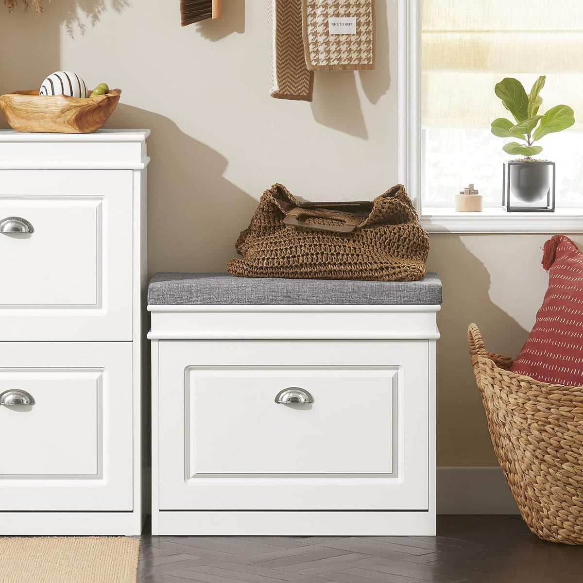 Haotian White Hallway Shoe Bench, Narrow Shoe Rack Entryway, Small Shoe Cabinet with 1 Flip-Drawer and Seat Cushion, FSR82-K-W - Grand Goldman