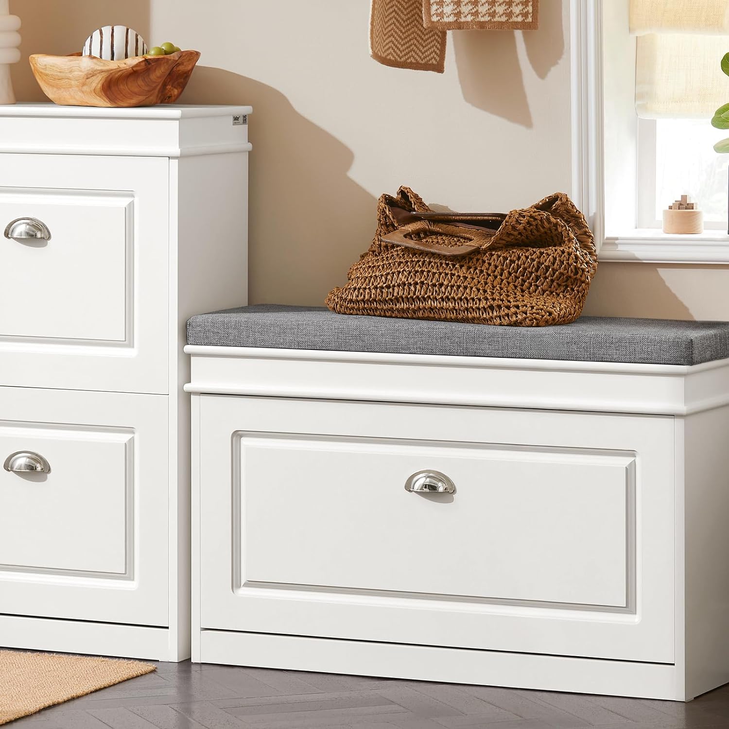 Haotian White Hallway Shoe Bench, Narrow Shoe Rack Entryway, Small Shoe Cabinet with 1 Flip-Drawer and Seat Cushion, FSR82-K-W - Grand Goldman