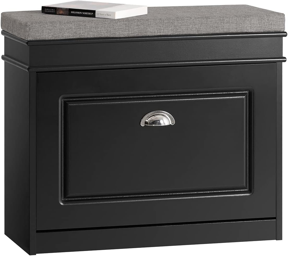 Haotian White Hallway Shoe Bench, Narrow Shoe Rack Entryway, Small Shoe Cabinet with 1 Flip-Drawer and Seat Cushion, FSR82-K-W - Grand Goldman