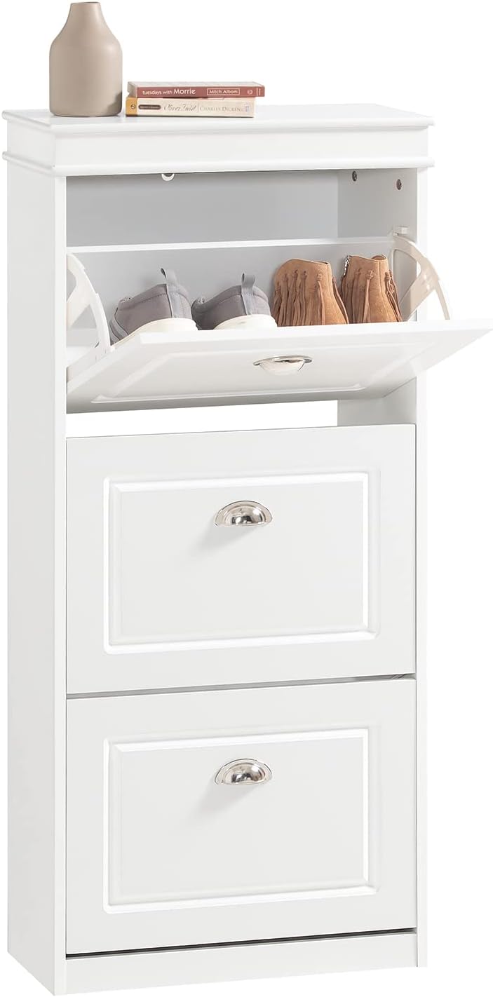 Haotian White Hallway Shoe Bench, Narrow Shoe Rack Entryway, Small Shoe Cabinet with 1 Flip-Drawer and Seat Cushion, FSR82-K-W - Grand Goldman