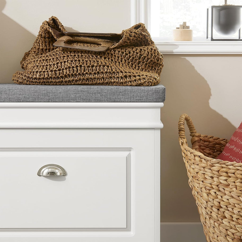 Haotian White Hallway Shoe Bench, Narrow Shoe Rack Entryway, Small Shoe Cabinet with 1 Flip-Drawer and Seat Cushion, FSR82-K-W - Grand Goldman