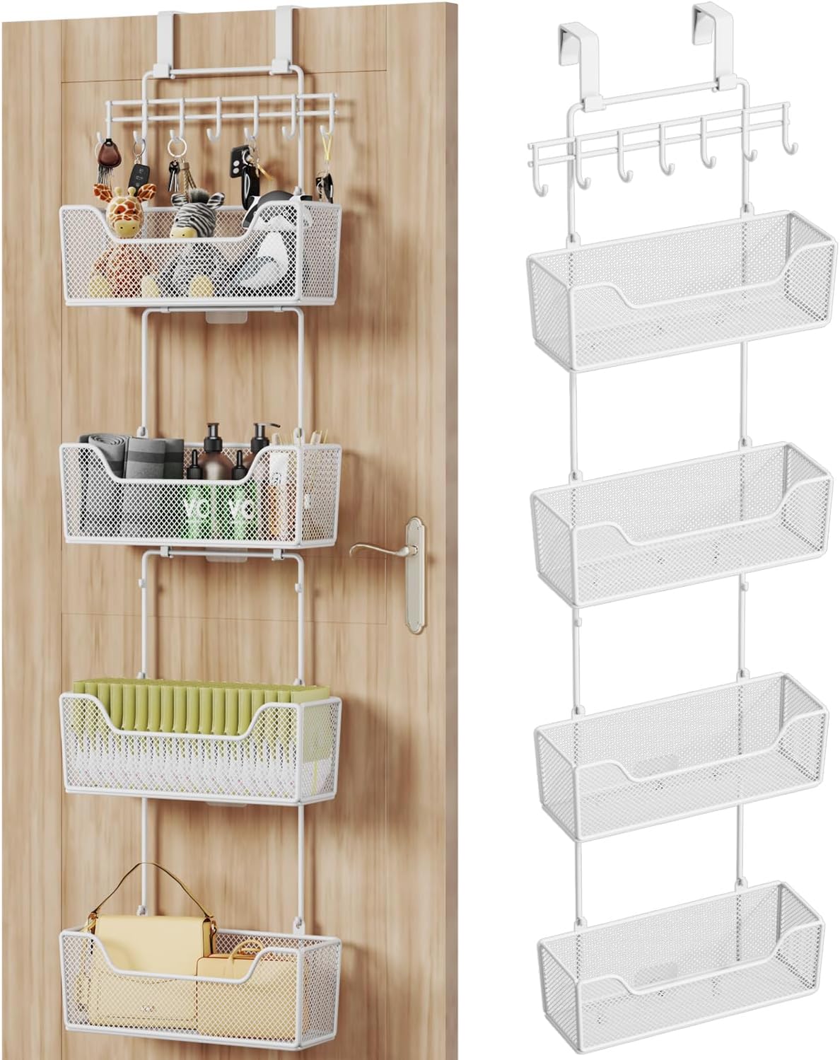 HapiRm Over The Door Organizer - Hanging Door Organizer with 4 Metal Large Capacity Baskets and Adjustable Coat Hook, Behind Door Storage for Bathroom Bedroom Kitchen Pantry Closet Cabinet - Grand Goldman