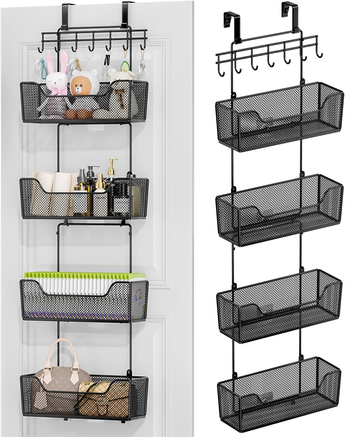 HapiRm Over The Door Organizer - Hanging Door Organizer with 4 Metal Large Capacity Baskets and Adjustable Coat Hook, Behind Door Storage for Bathroom Bedroom Kitchen Pantry Closet Cabinet - Grand Goldman