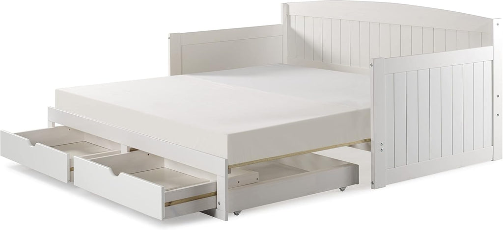 Harmony Wood Daybed, Single, White Brazilian Pine Trundle Bed for Sleepovers with Kids, 2 Pull-Out Drawers, 440 lbs Weight Capacity, Twin-Size Bed, Modern, Sturdy, Durable - Grand Goldman