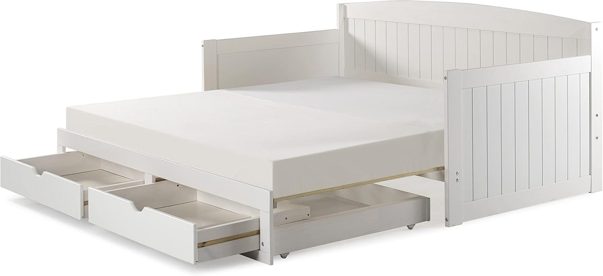 Harmony Wood Daybed, Single, White Brazilian Pine Trundle Bed for Sleepovers with Kids, 2 Pull-Out Drawers, 440 lbs Weight Capacity, Twin-Size Bed, Modern, Sturdy, Durable - Grand Goldman
