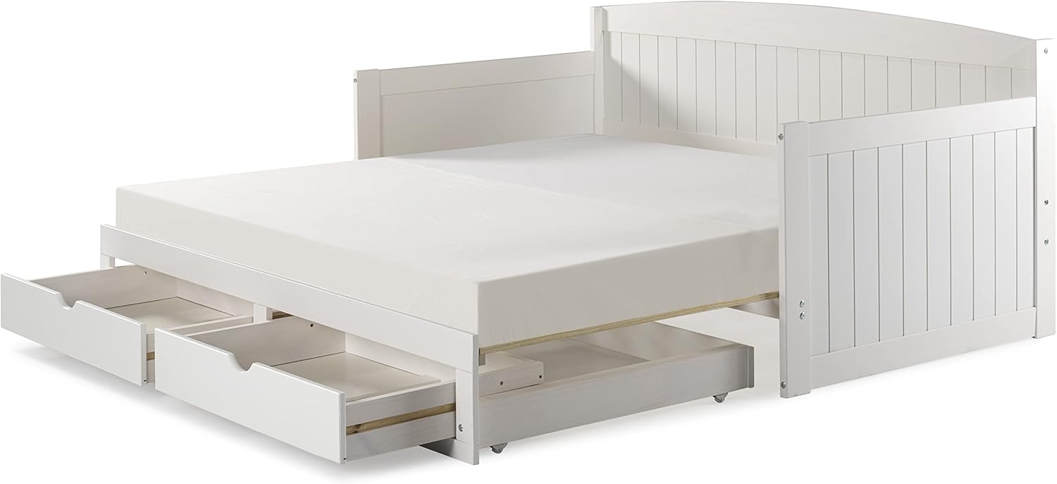 Harmony Wood Daybed, Single, White Brazilian Pine Trundle Bed for Sleepovers with Kids, 2 Pull-Out Drawers, 440 lbs Weight Capacity, Twin-Size Bed, Modern, Sturdy, Durable - Grand Goldman