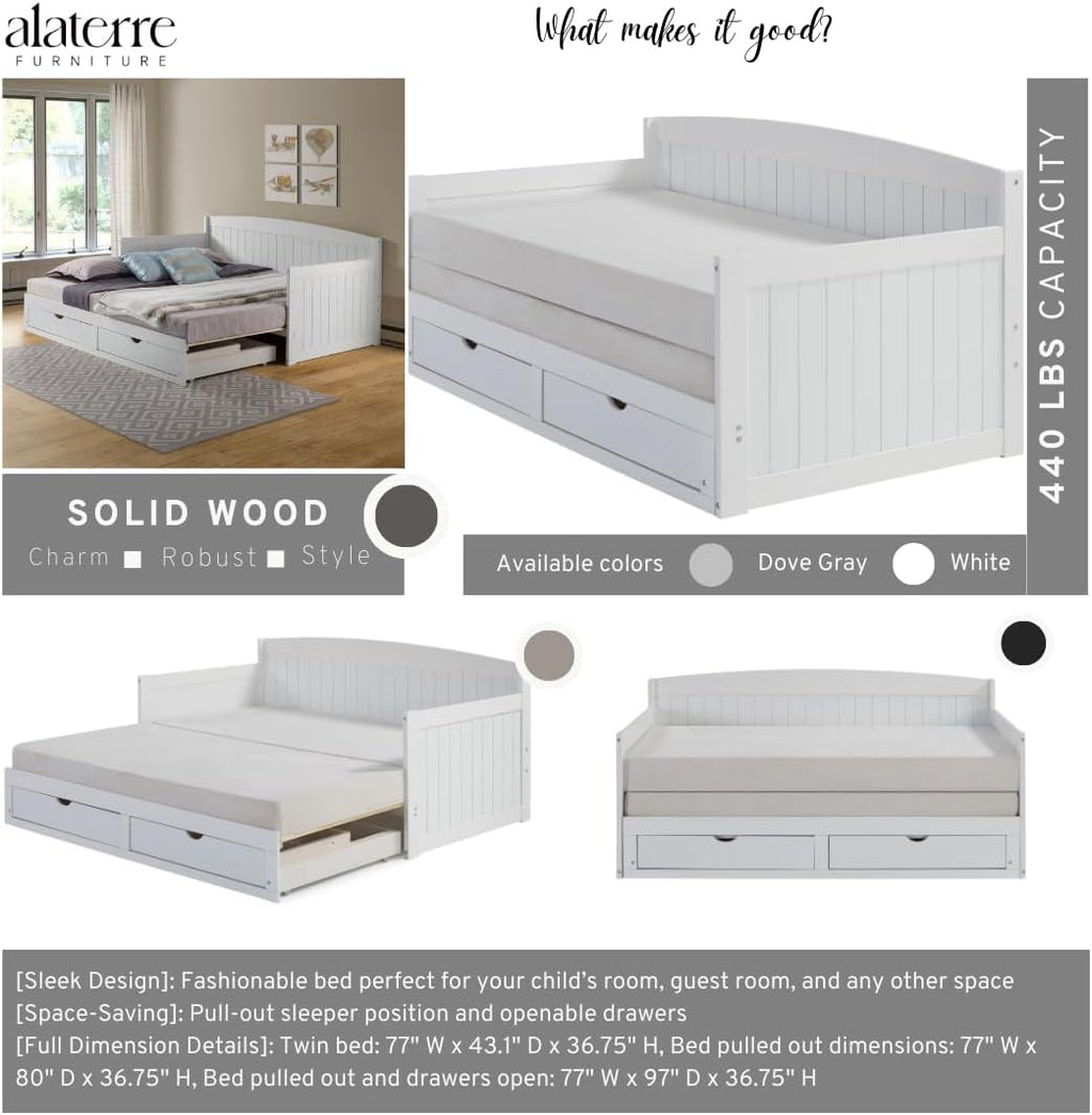 Harmony Wood Daybed, Single, White Brazilian Pine Trundle Bed for Sleepovers with Kids, 2 Pull-Out Drawers, 440 lbs Weight Capacity, Twin-Size Bed, Modern, Sturdy, Durable - Grand Goldman