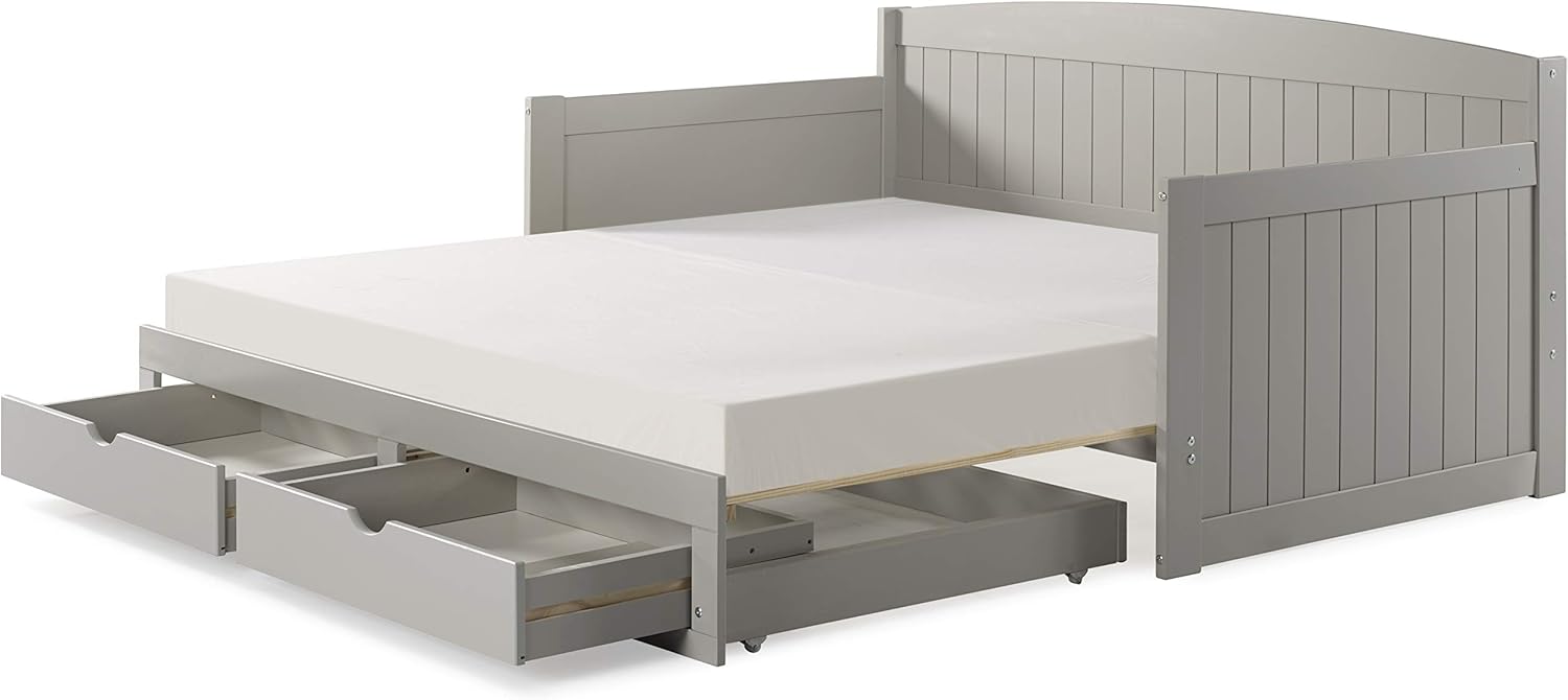 Harmony Wood Daybed, Single, White Brazilian Pine Trundle Bed for Sleepovers with Kids, 2 Pull-Out Drawers, 440 lbs Weight Capacity, Twin-Size Bed, Modern, Sturdy, Durable - Grand Goldman