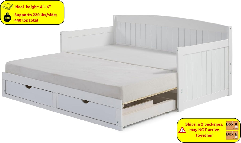 Harmony Wood Daybed, Single, White Brazilian Pine Trundle Bed for Sleepovers with Kids, 2 Pull-Out Drawers, 440 lbs Weight Capacity, Twin-Size Bed, Modern, Sturdy, Durable - Grand Goldman