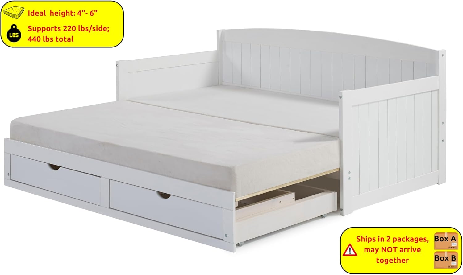 Harmony Wood Daybed, Single, White Brazilian Pine Trundle Bed for Sleepovers with Kids, 2 Pull-Out Drawers, 440 lbs Weight Capacity, Twin-Size Bed, Modern, Sturdy, Durable - Grand Goldman