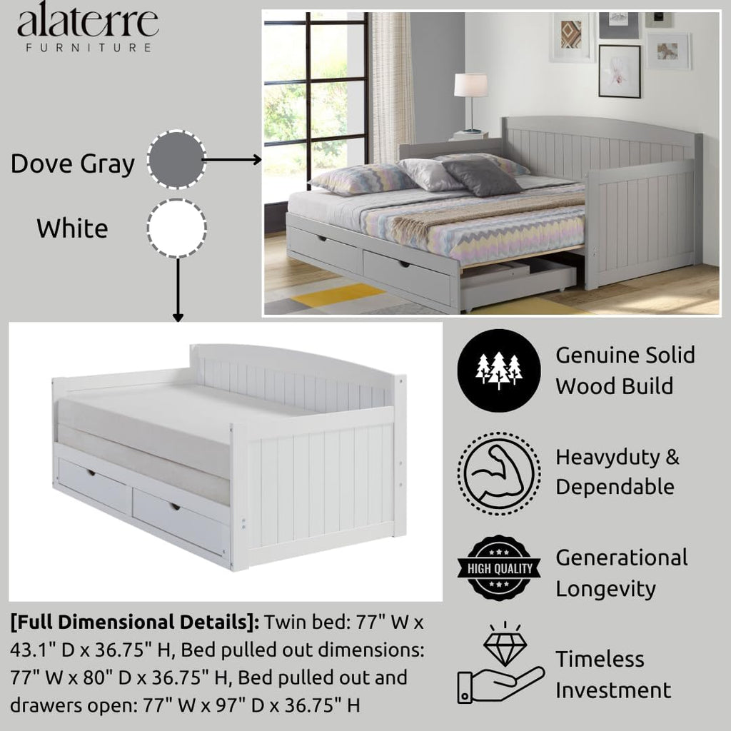 Harmony Wood Daybed, Single, White Brazilian Pine Trundle Bed for Sleepovers with Kids, 2 Pull-Out Drawers, 440 lbs Weight Capacity, Twin-Size Bed, Modern, Sturdy, Durable - Grand Goldman